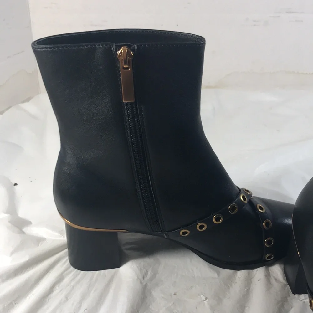 Cecelia New York Women’s Black Leather Dundy Buckle Pointy Toe Ankle Boots